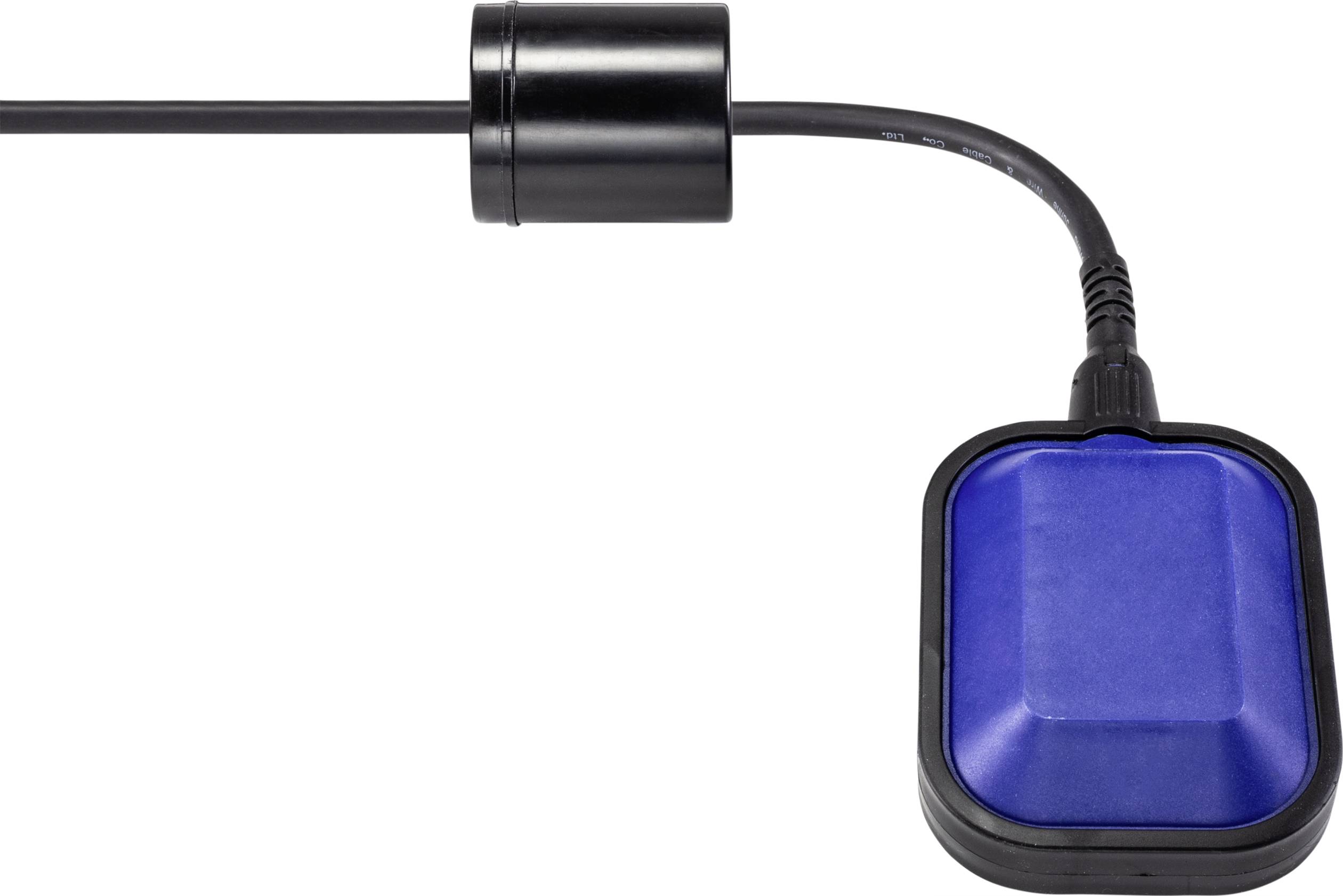 Een drijvende niveausensor met een blauwe behuizing en een kabel voor het meten van de vloeistofhoogte in tanks of leidingen.