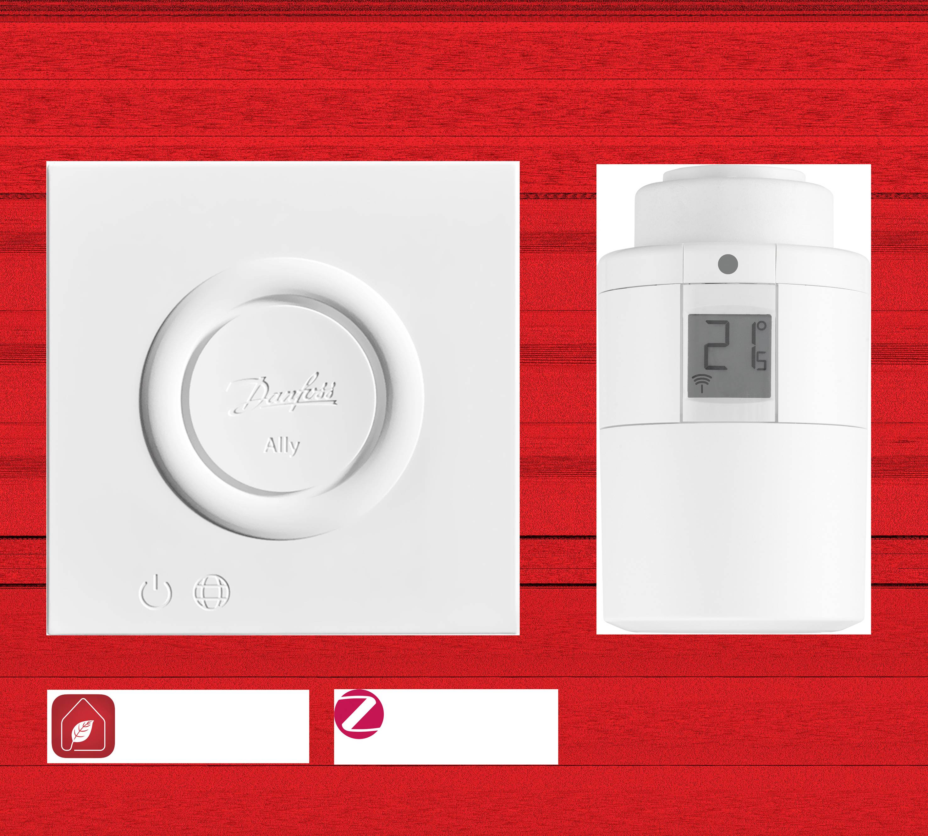 Een wit smart home-thermostaat met display toont 21 graden aan, naast een bijpassende bedieningseenheid. Decoratie op rode achtergrond.