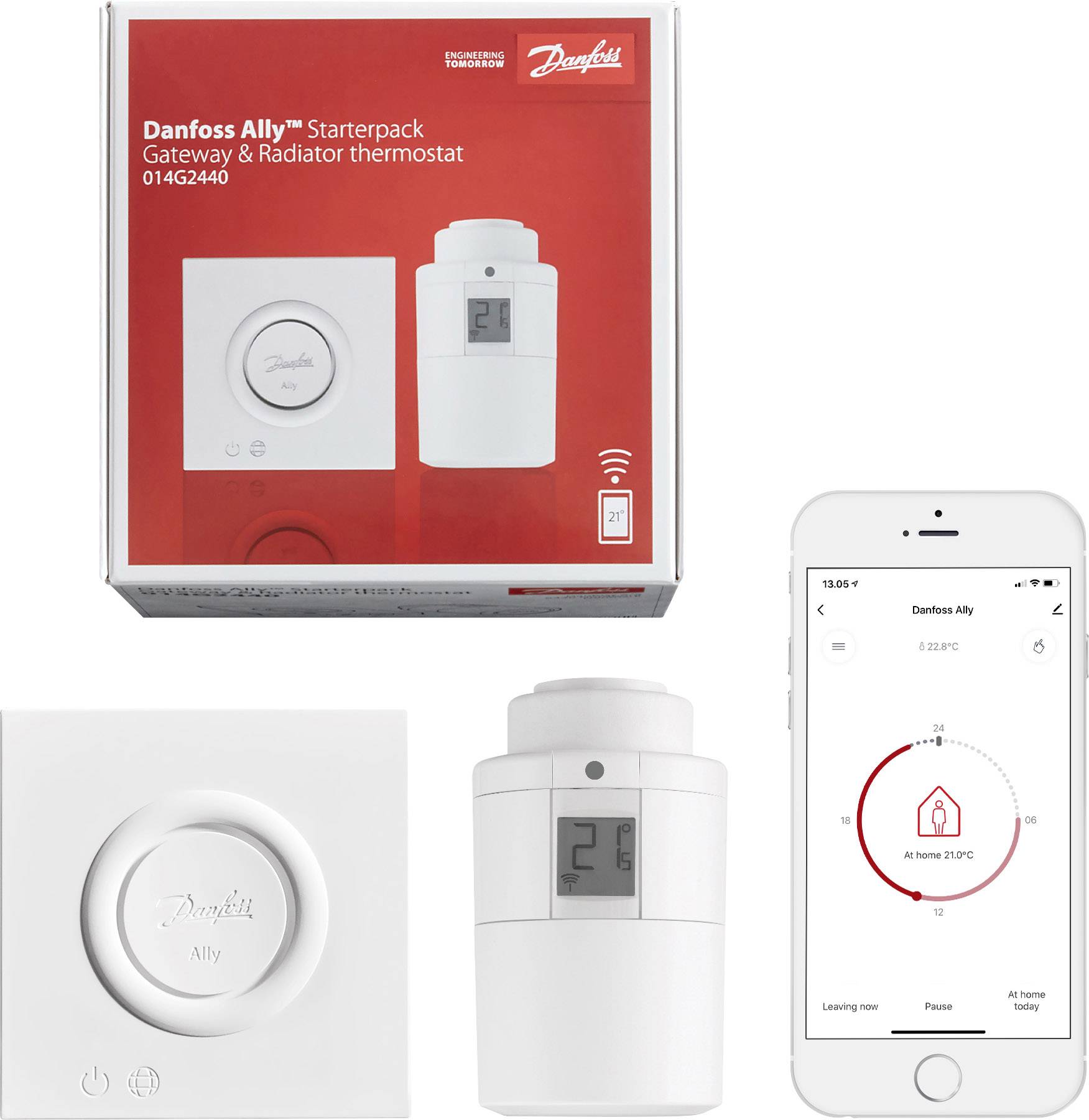 'Danfoss Ally Starterpack' toont een slim domotica-verwarmingssysteem met thermostaat en mobiele app voor temperatuurregeling.