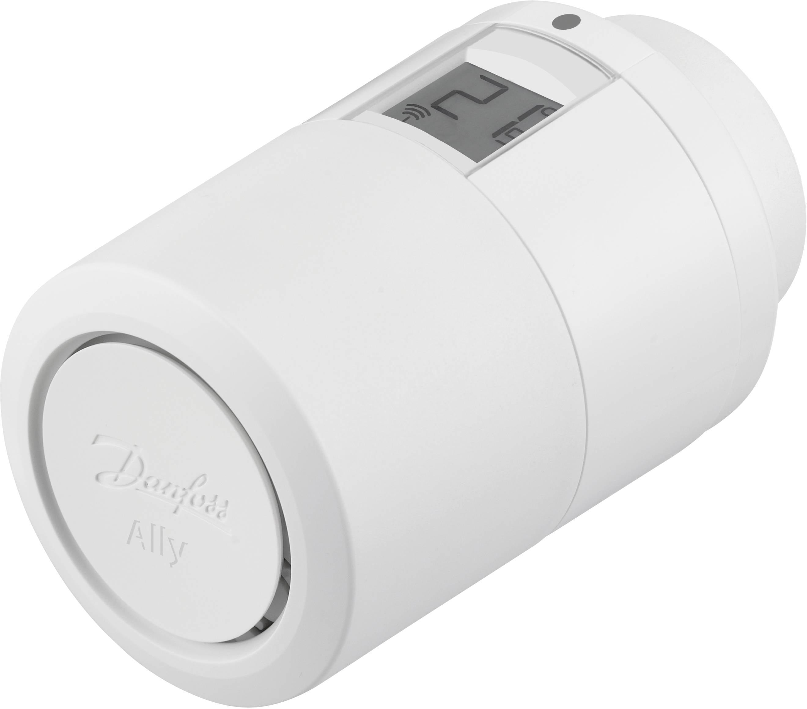 Wit Danfoss thermostaat met digitaal display. Het display toont een temperatuur van 21 graden.