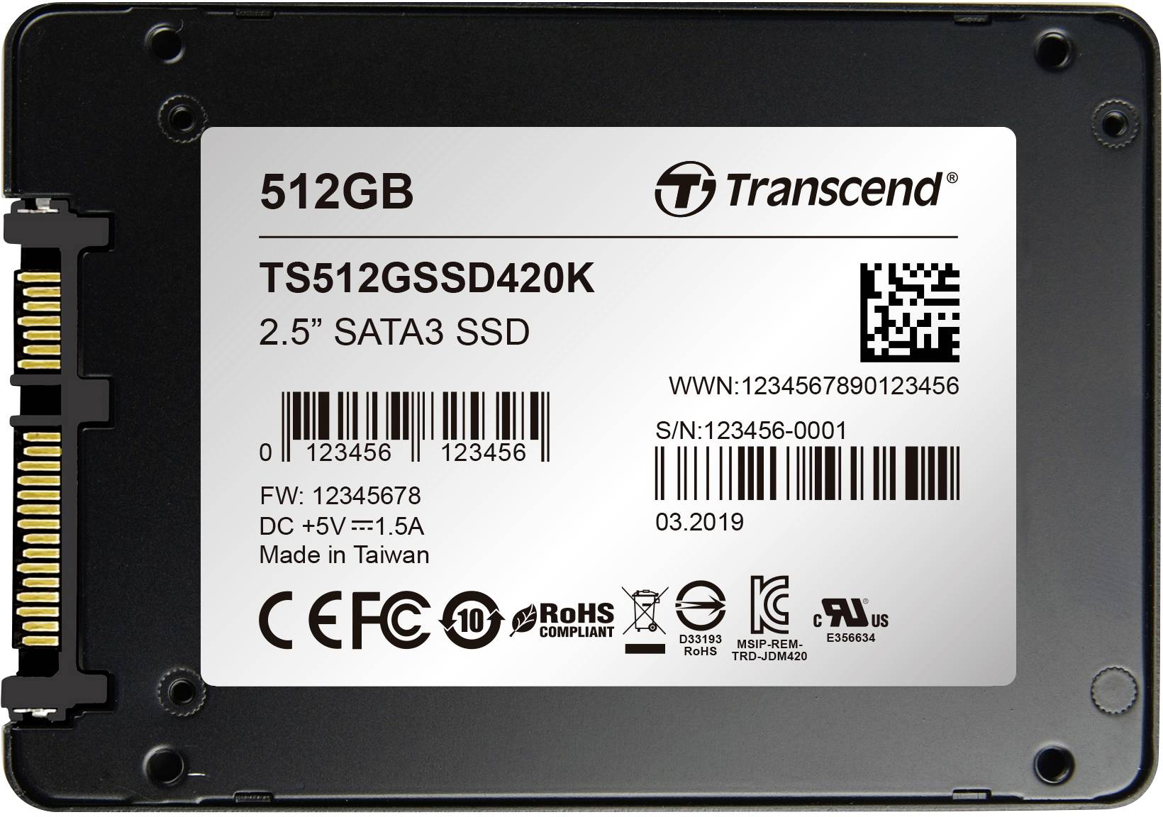 '512GB Transcend SSD, Model TS512GSSD420K, 2.5" SATA3. Bevat serienummer, productiedatum en kwaliteitszegel. Geproduceerd in Taiwan.'