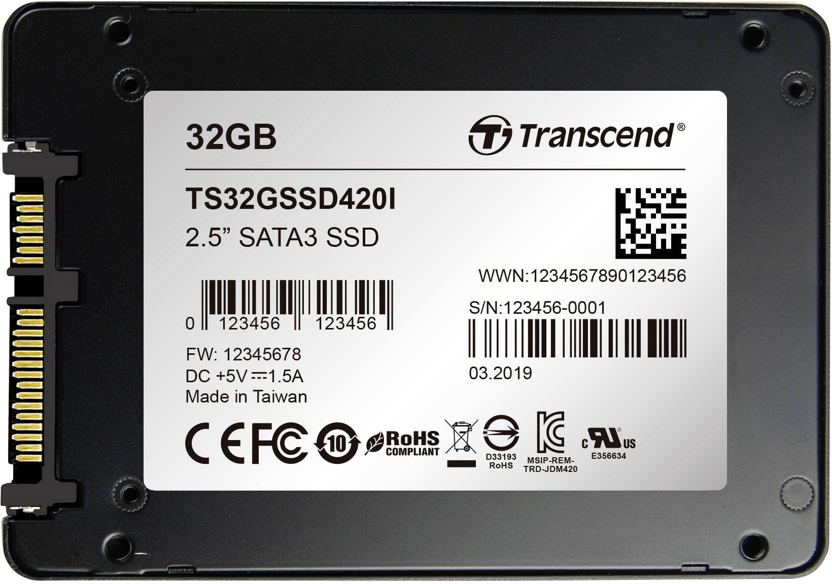 'Transcend 32GB 2,5-inch SATA3 SSD. Model: TS32GSSD420I. Serienummer: 123456-0001. Vervaardigd in Taiwan, maart 2019.'