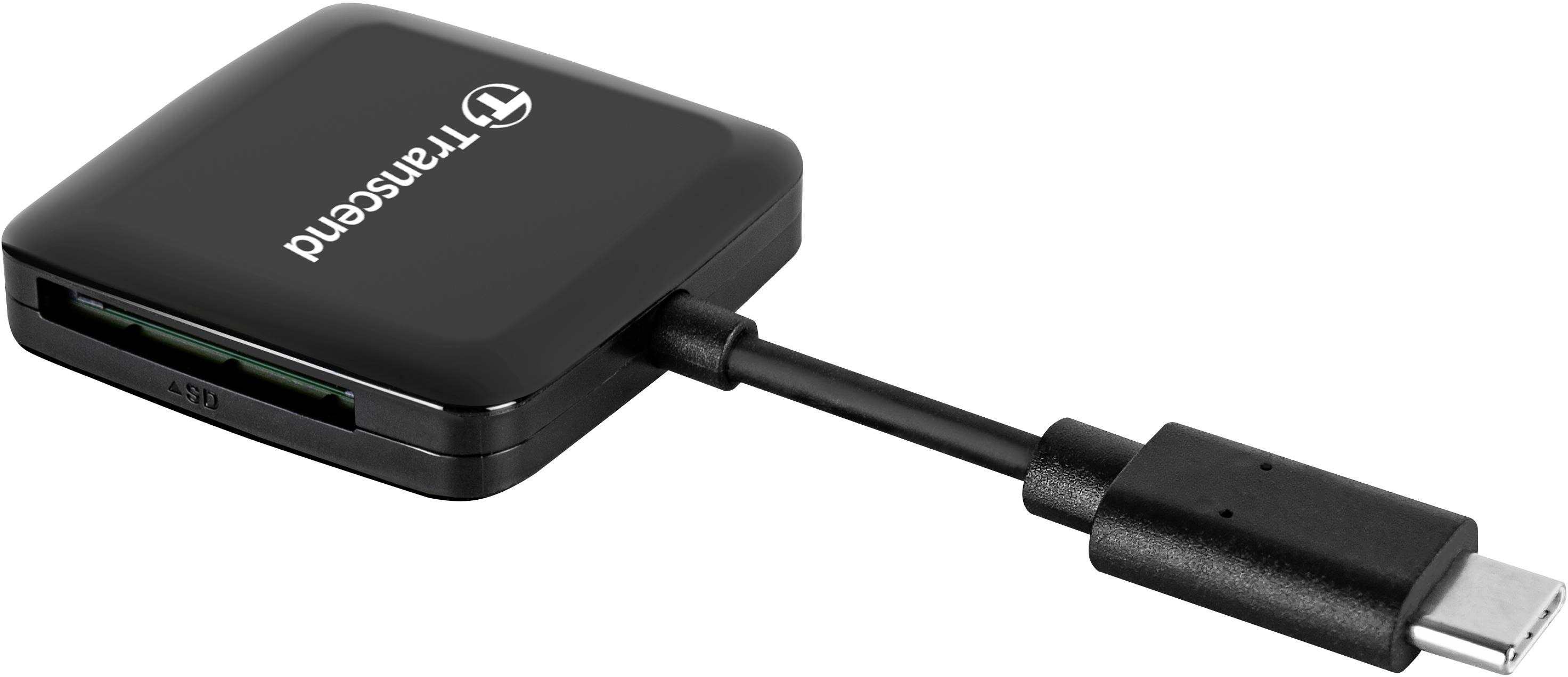 Zwarte Transcend-kaartlezer met een USB-C-aansluiting en een sleuf voor geheugenkaarten.