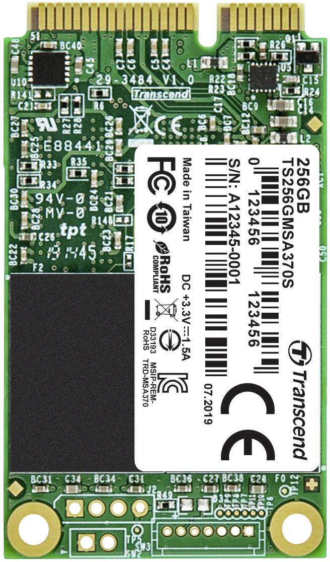 Transcend 256GB M.2 SSD met label, toont technische details en specificaties, geschikt voor high-speed gegevensopslag.