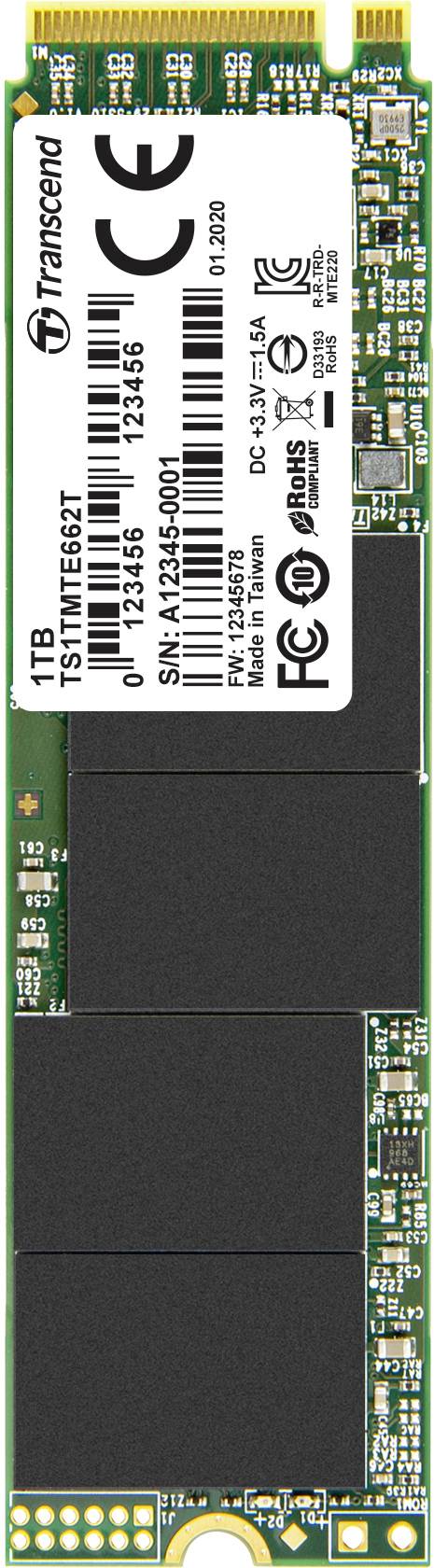 Een groene SSD met het opschrift 'Transcend 1TB', modelnummer en fabrikantenlogo op een etiket bovenaan.