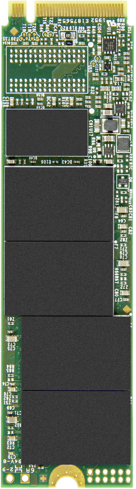 Een M.2 SSD, lichtgroene printplaat met meerdere zwarte geheugenchips en elektronische componenten, gebruikt voor gegevensopslag.