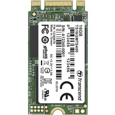 M.2 SSD, 16GB, Model TS16GMT5400 van Transcend, met serienummer, CE- en FCC-markeringen, geproduceerd in Taiwan.