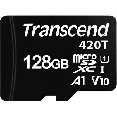 Zwarte MicroSD-kaart van Transcend, Model 420T, 128GBopslagcapaciteit, geclassificeerd als U1, V10, A1, microSDXC Type I.