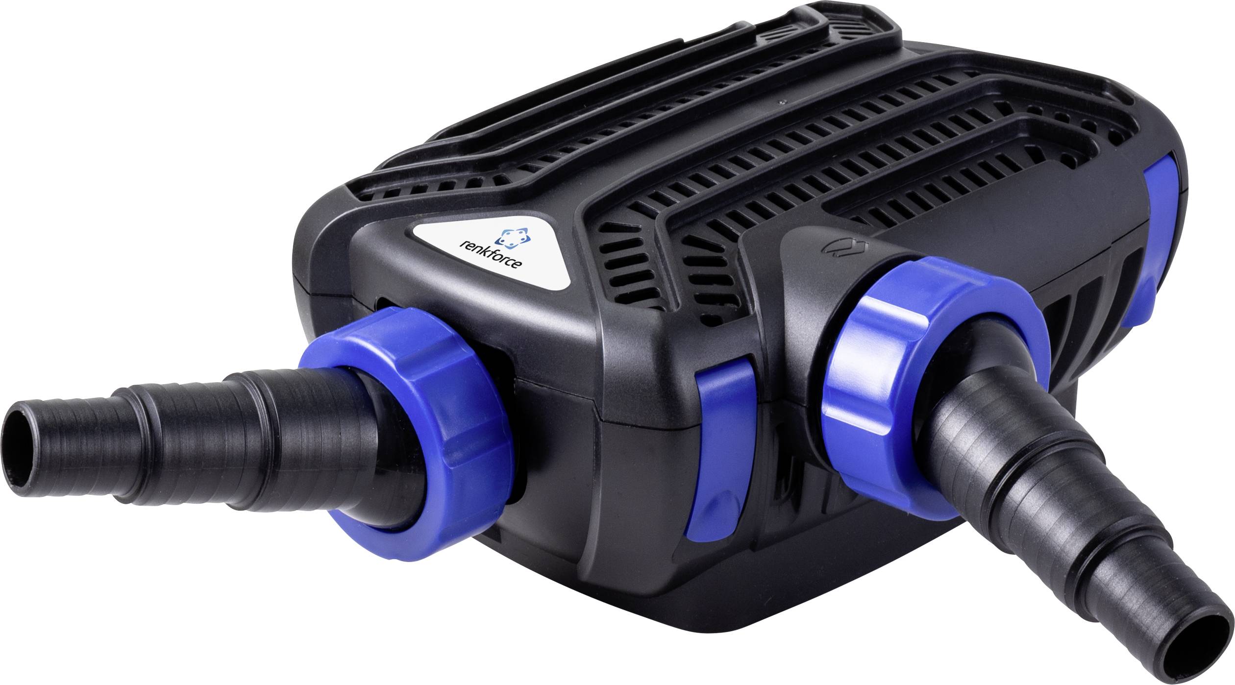 Een zwarte waterpomp met blauwe aansluitingen in diagonaal ontwerp voor vijver- en aquariumsystemen.