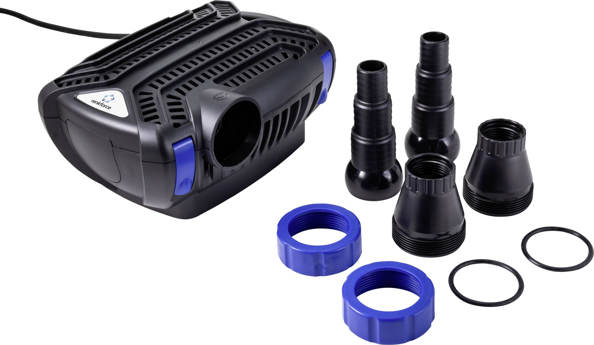Een zwarte waterpomp met blauwe details, omringd door verschillende zwarte en blauwe aansluitstukken en afdichtingen.