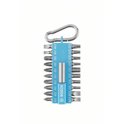 Een set van 13 Bosch schroevendraaier-bits met karabijnhaak, maten van PH1 tot T30, naast een blauwe houder met Bosch-logo.