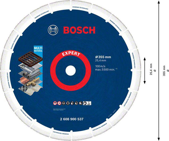 Bosch Expert Doorslijpschijf, diameter 355 mm, geschikt voor meerdere materialen. Toont toepassingsgebieden en technische specificaties.