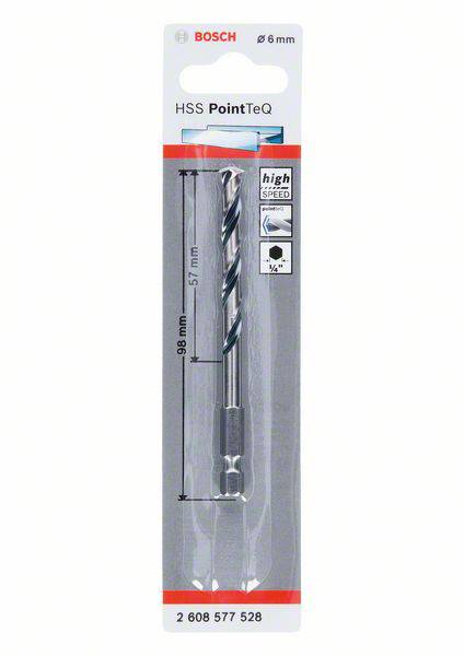 Packaging of a Bosch HSS PointTeQ drill bit, 6 mm diameter, 93 mm total length. Suitable for precise drilling in metal.<br><br>Translation:<br>Verpakking van een Bosch HSS PointTeQ boor, 6 mm diameter, 93 mm totale lengte. Geschikt voor precies boren in metaal.
