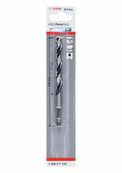 'Bosch HSS PointTeQ 9mm boor, lengte 125mm, geschikt voor metaal, kunststof.'