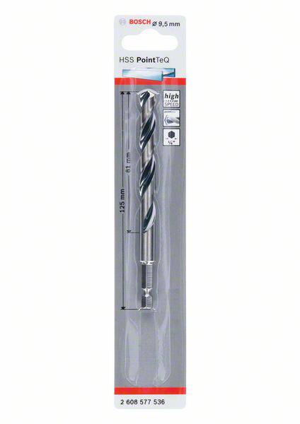 'Bosch HSS PointTeQ' boor, 9,5 mm diameter, 125 mm lang, in transparante verpakking met productinformatie.