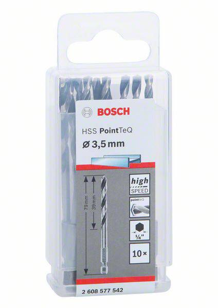 Bosch boorset, HSS PointTeq, diameter 3,5 mm, voor metaal. Verpakking bevat 10 High-Speed-boren van verschillende lengtes.