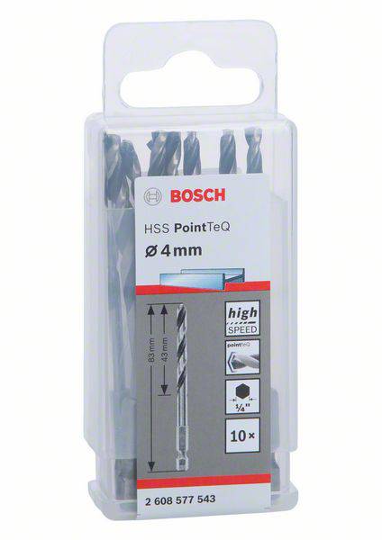 'BOSCH HSS PointTeQ Metaalboren, 4 mm, 10 stuks in kunststof houder.'