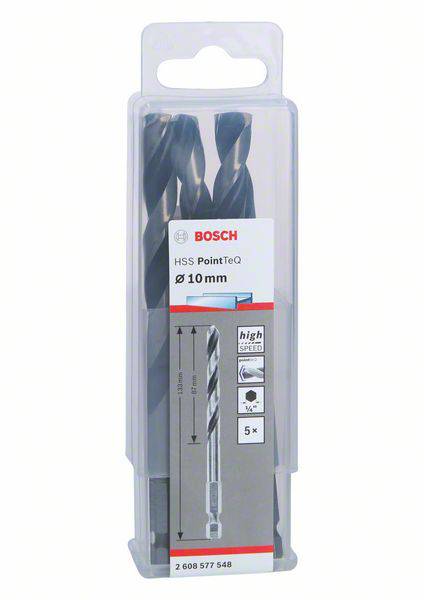 Verpakking met vijf HSS PointTeQ boren van 10 mm diameter, merk Bosch, blauw design met productinformaties in een kunststof container.