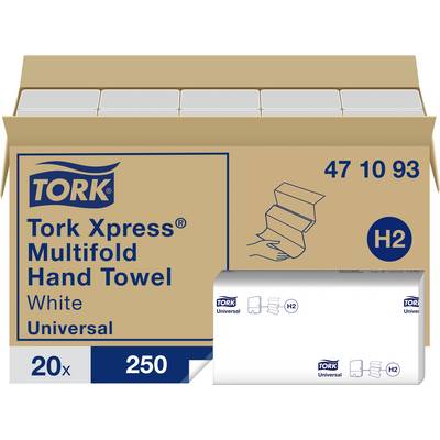 Tork Xpress Multifold Papieren Handdoeken doos, witte universele H2 handdoeken, 20 pakken van 250 vellen, getoond open met zichtbare gestapelde gevouwen handdoeken.