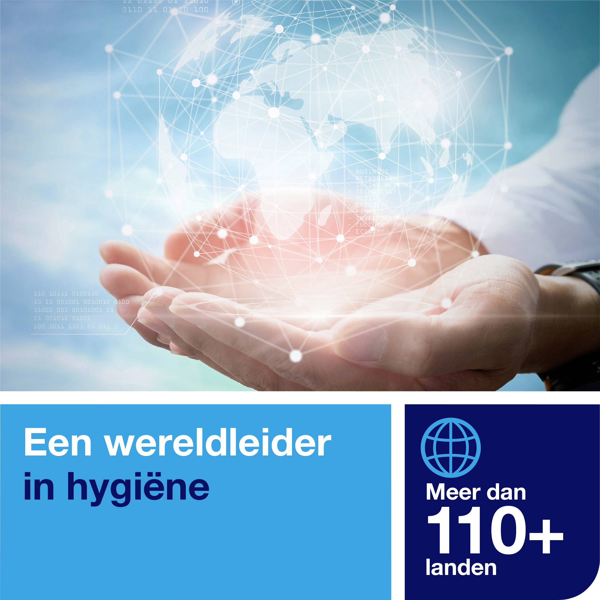 Handen houden een virtuele bol met verbindingen. Tekst: 'Een wereldleider in hygiëne', 'Meer dan 110+ landen'.