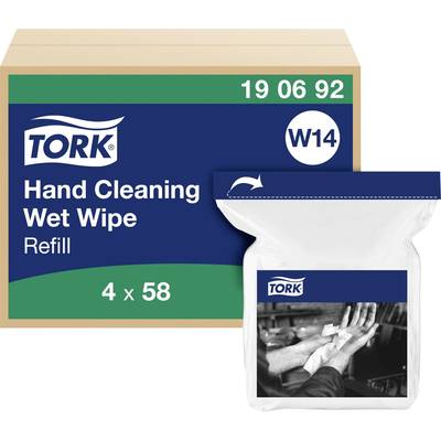'Verpakking met de tekst: Tork Handreinigende doekjes Navulverpakking, 4 x 58. Afbeelding toont handen die een vochtig doekje gebruiken.'