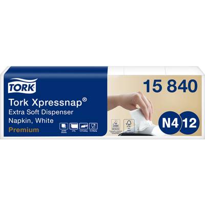 'Tork Xpressnap Extra Soft Dispenser Servet, Wit. Premium, N4 1/2. Afbeelding toont hand die servet uit dispenser trekt.'