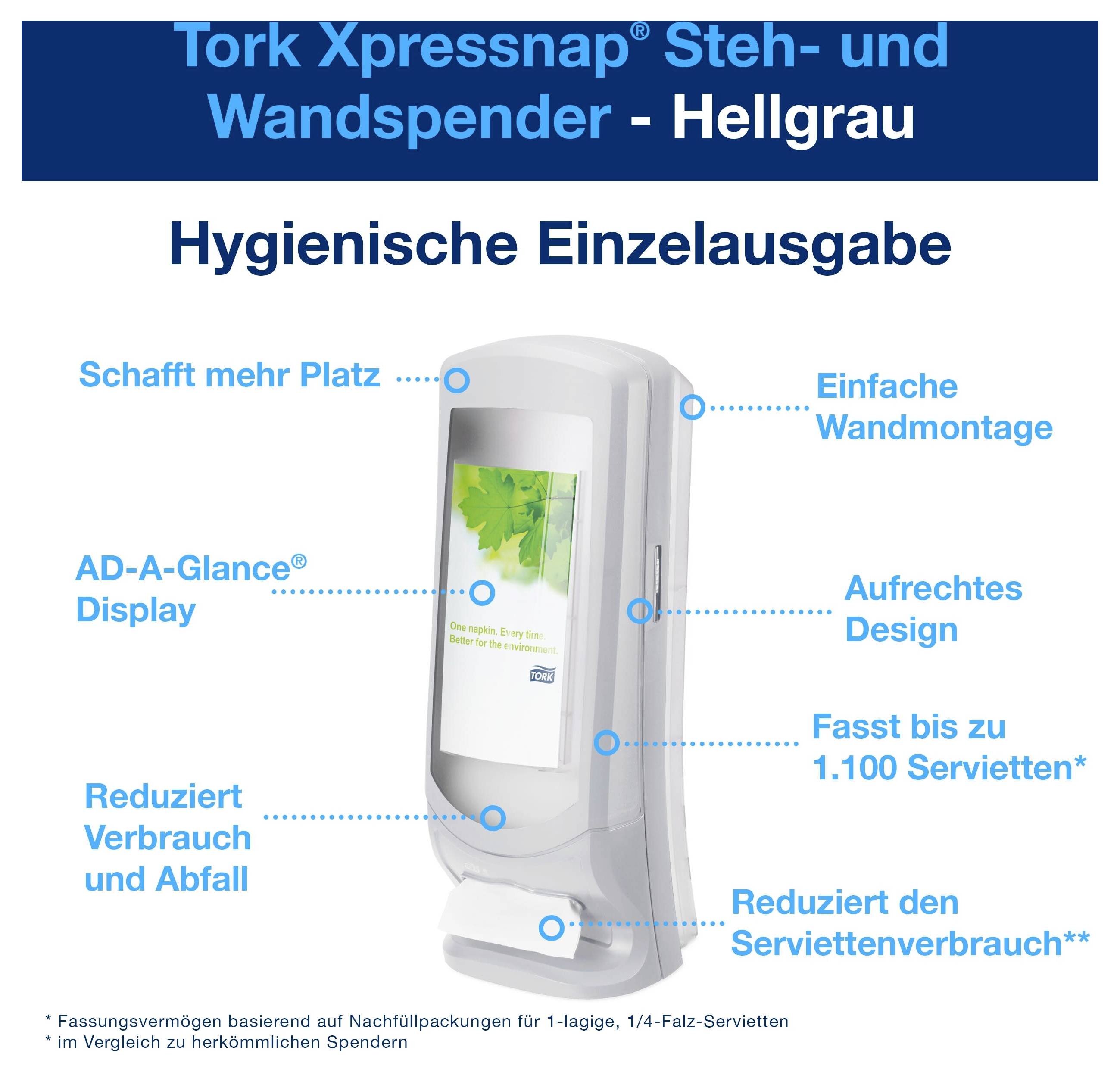 Reclame voor de Tork Xpressnap staande en wanddispenser in lichtgrijs voor hygiënische individuele uitgiftevoor gemerkte voordelen en productafbeelding.