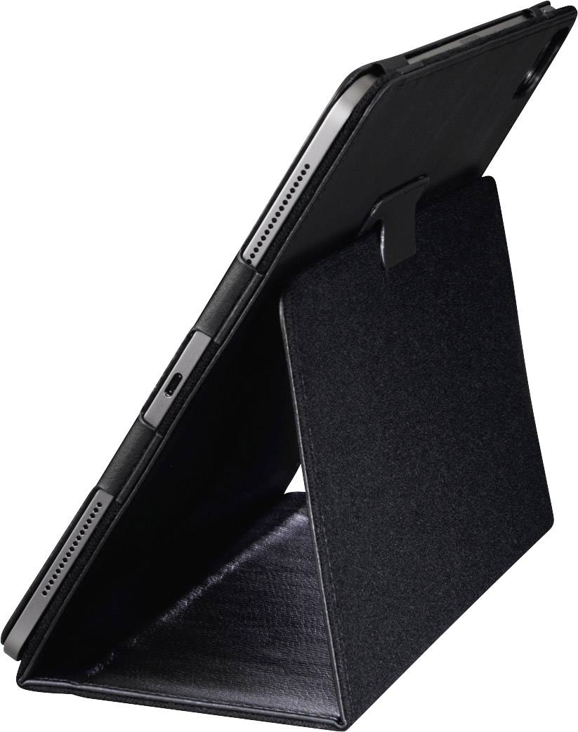 Tablet in een zwarte opvouwbare standaard, gezien van opzij, toont de aansluitingen en speakers aan de onderkant.