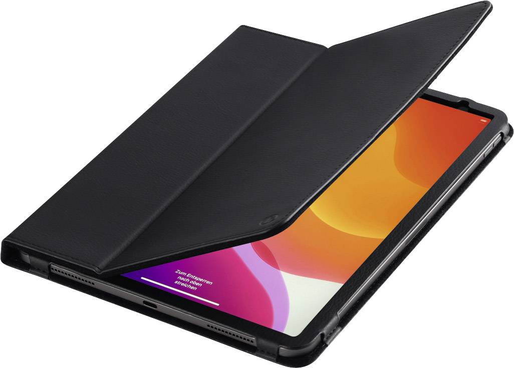 Een tablet in een zwarte behuizing, gedeeltelijk geopend, toont een helder scherm met een kleurovergang van oranje naar roze.