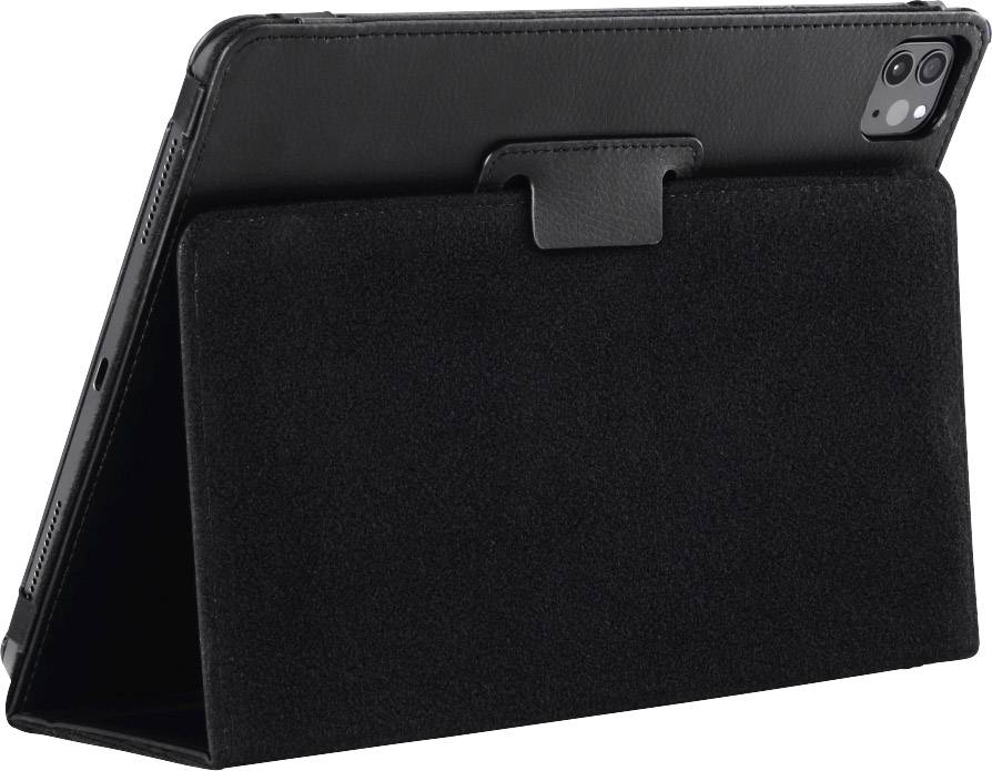 Een zwarte tablet in een rechtopstaande lederen hoes, die op een tafel staat. De achterkant en camera van de tablet zijn zichtbaar.