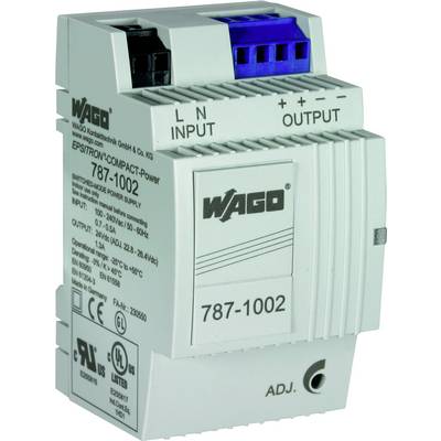'WAGO 787-1002 Compacte voedingseenheid; Ingangsspanning: 100-240V; Uitgang: 24V, 0,42A; voor industriële toepassingen.'