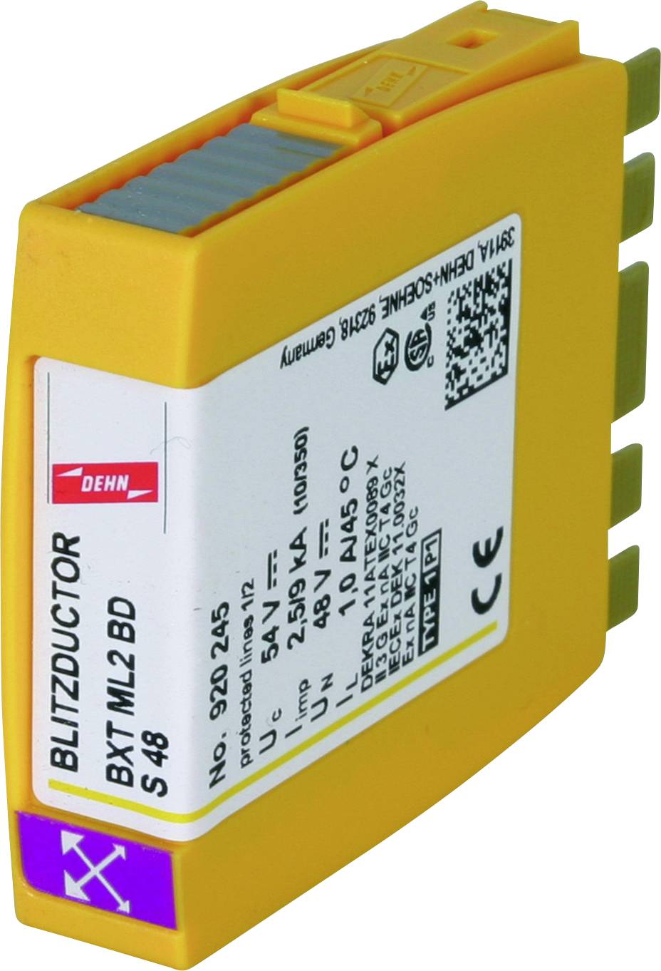 Geel bliksembeveiligingsapparaat met opschrift 'Blitzductor BXT ML2 BD', aansluitcontacten aan de zijkant, technisch etiket bovenaan.