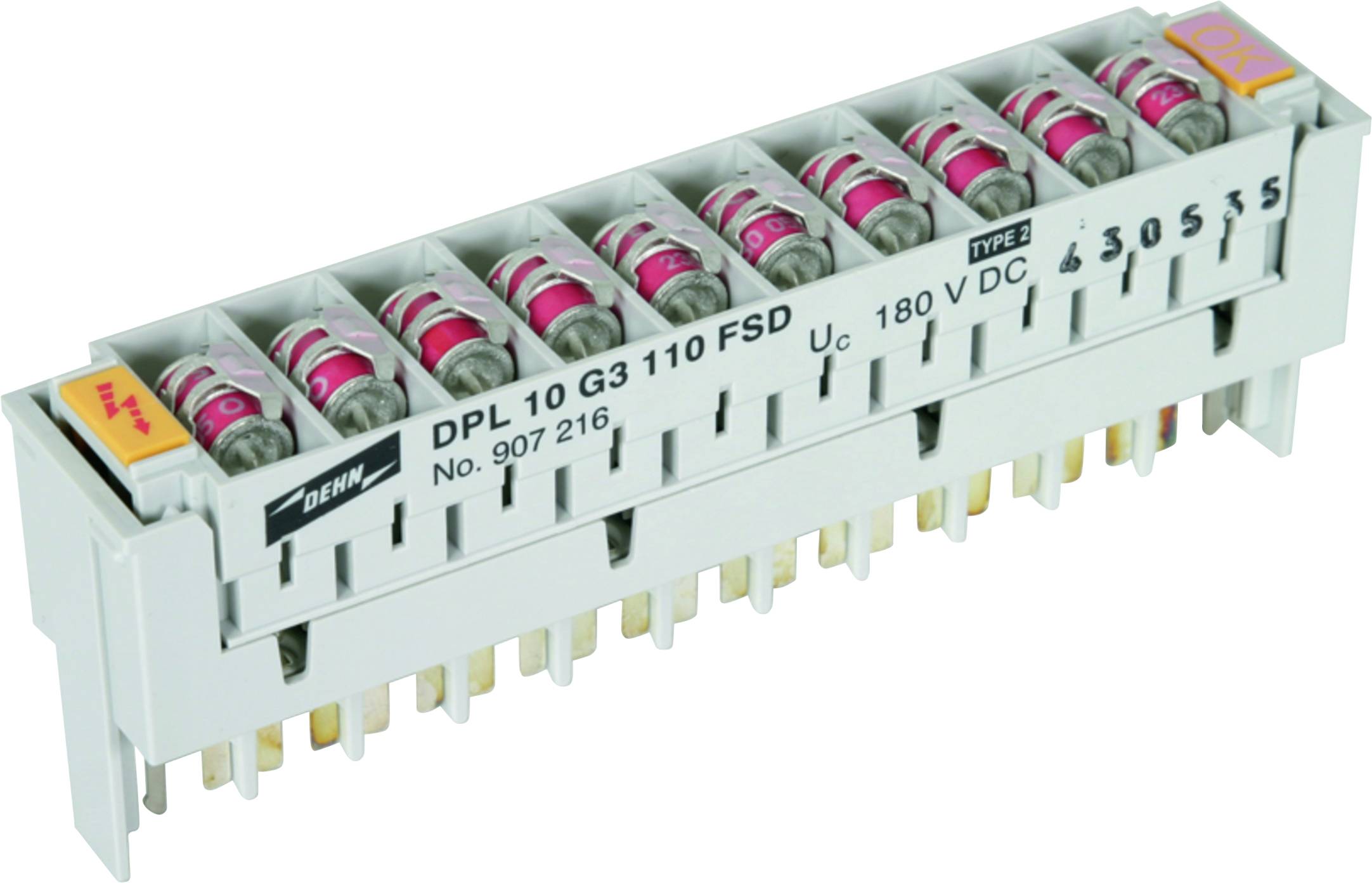 Elektronisch onderdeel met meerdere rood-witte zekeringen, gemarkeerd met 'DPL 10 G3 110 FSD', bedoeld voor de bescherming van elektrische installaties.