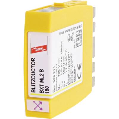 Een geel overspanningsbeveiligingsapparaat met het opschrift 'BLITZDUCTOR BXT ML2 B', modelnummer en technische gegevens op het etiket.