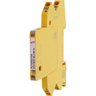 Een geel elektrisch beschermingsapparaat met de opschrift 'BLITZDUCTOR BCO MOD M2 BE24'. Het dient ter bescherming tegen overspanning.