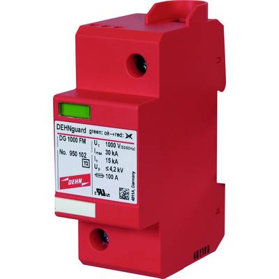 Rode bliksembeveiligingsapparatuur met opschrift 'DEHNguard DG 1000 FM', technische specificaties: spanning tot 1000 V, stroom 30 kA.