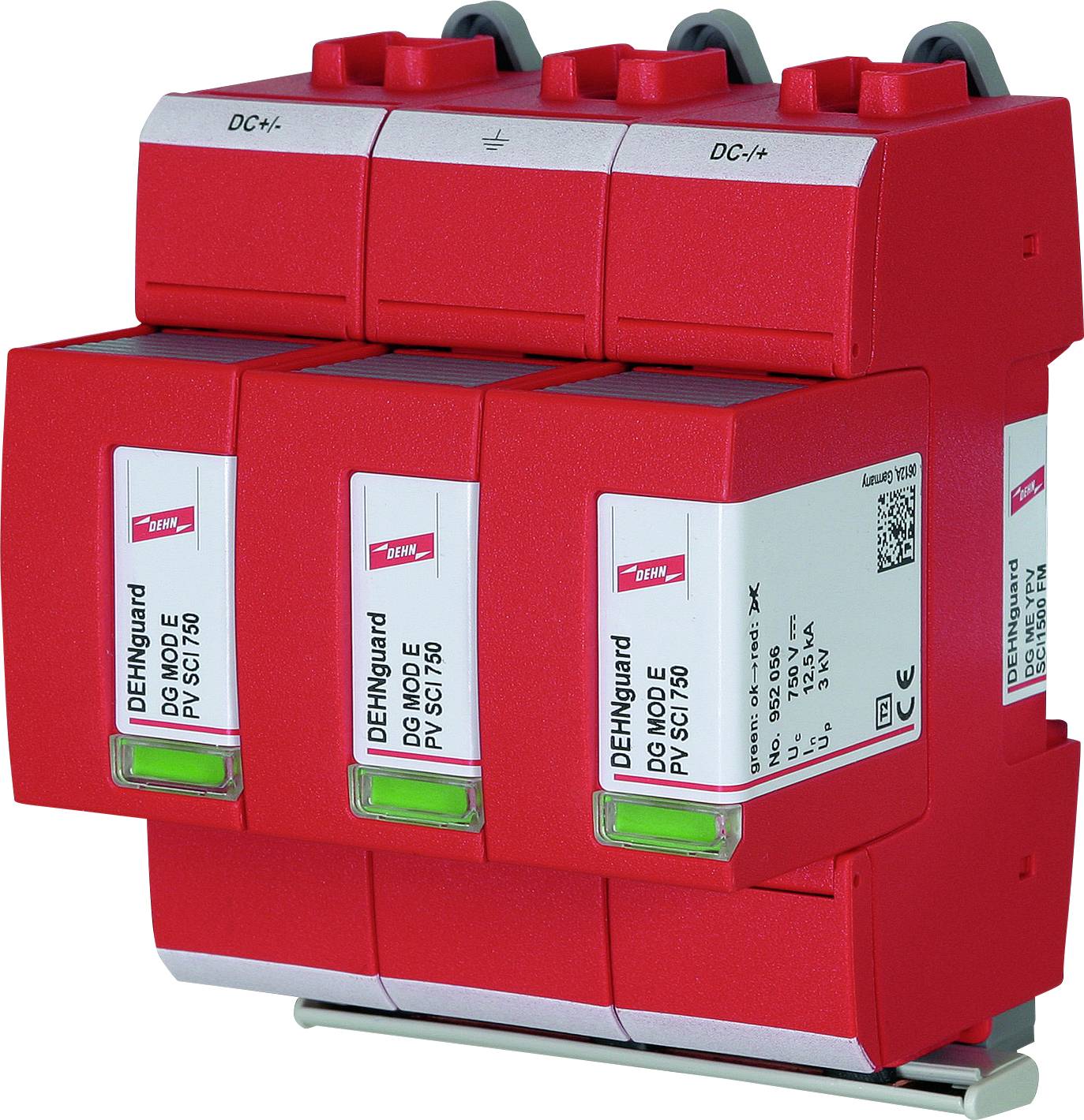 Rood overspanningsbeveiligingsapparaat voor DC-systemen, gemonteerd op DIN-rail. Gelabeld met 'DEHNguard', toont productdetails.