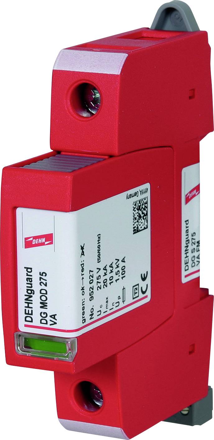 Overspanningsbeveiligingsapparaat in een rood behuizing. Etiket toont model 'DEHNguard DG M T2 75 VA'. Voorkomt elektrische overspanning.