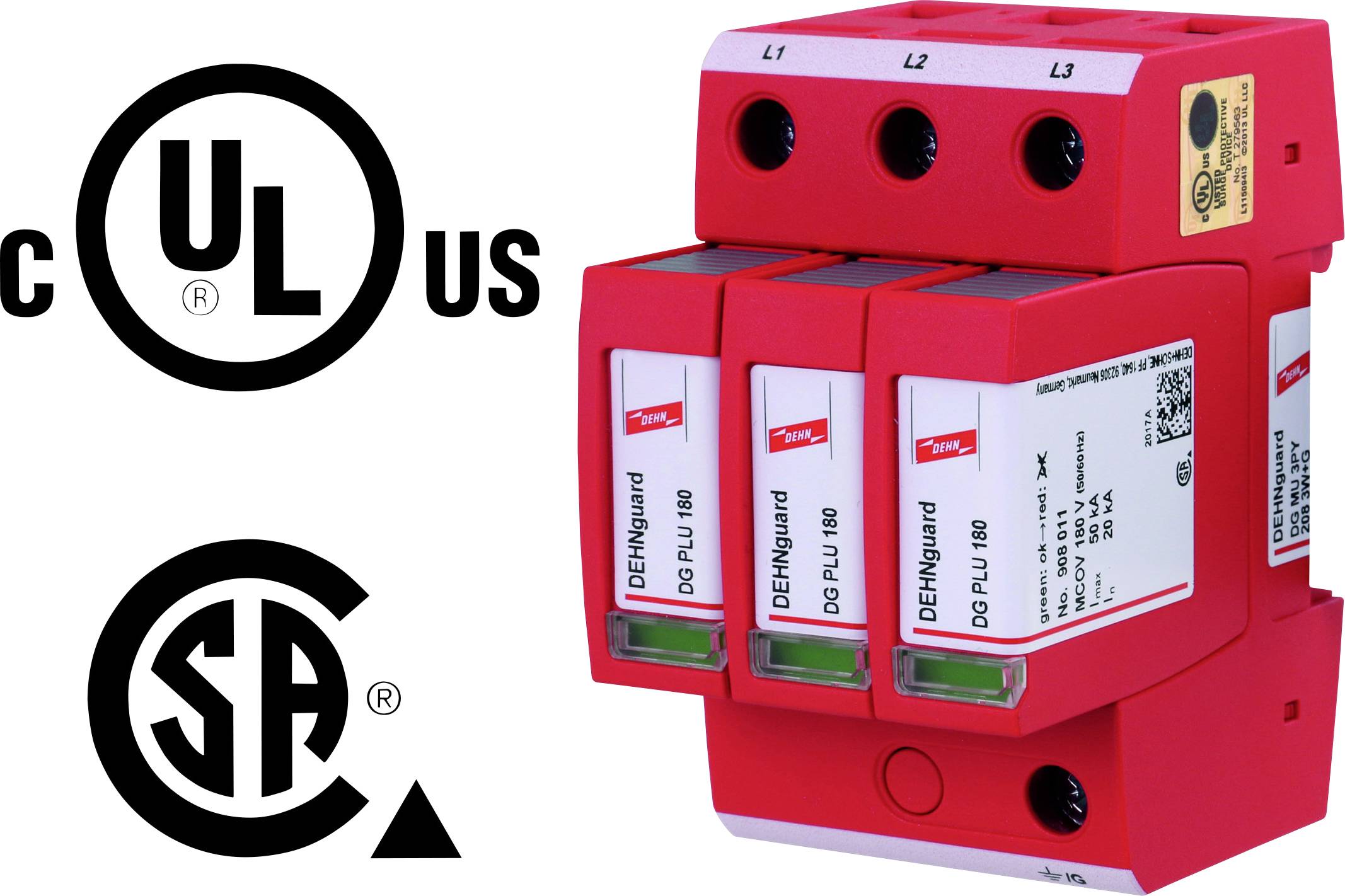 Rode overspanningsbeveiliging met drie modules. UL- en CSA-logo's links ernaast. Model: DEHnguard DC FLU 1001-1500.