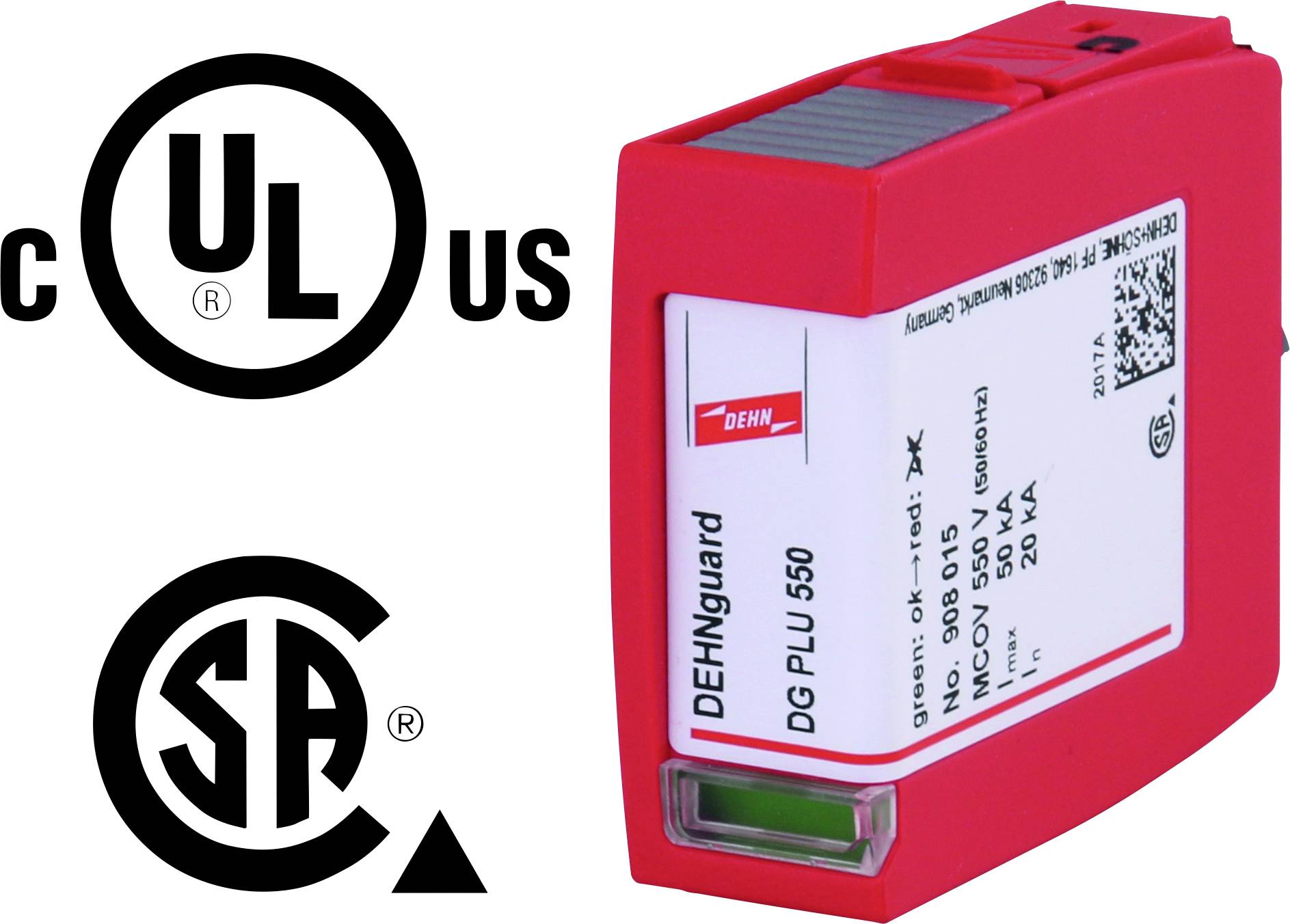 Rood DEHNguard overspanningsbeveiligingsapparaat met opschrift 'DC PLU 550'. Naast de certificaten 'cULus' en 'CSA' afgebeeld.