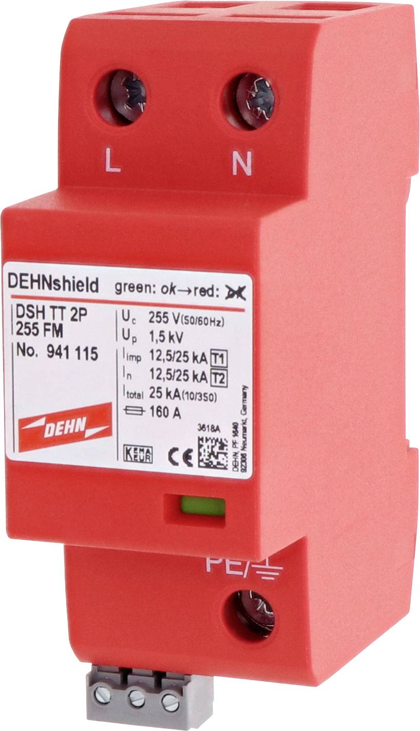 Rode DEHNshield overspanningsbeveiliging, 2-polig, 255 V, met groen-rode statusaanduiding, geschikt voor TT- en TN-systemen.