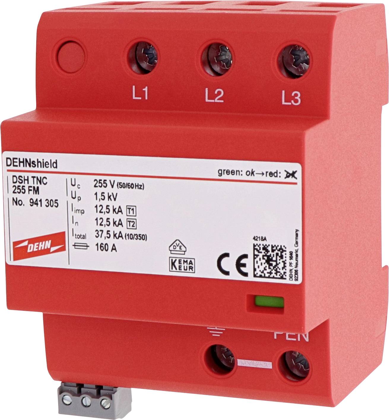 Een rood overspanningsbeveiligingsapparaat met opschriften aan de voorkant. Het heeft meerdere aansluitingen en is geschikt voor elektrische installaties.