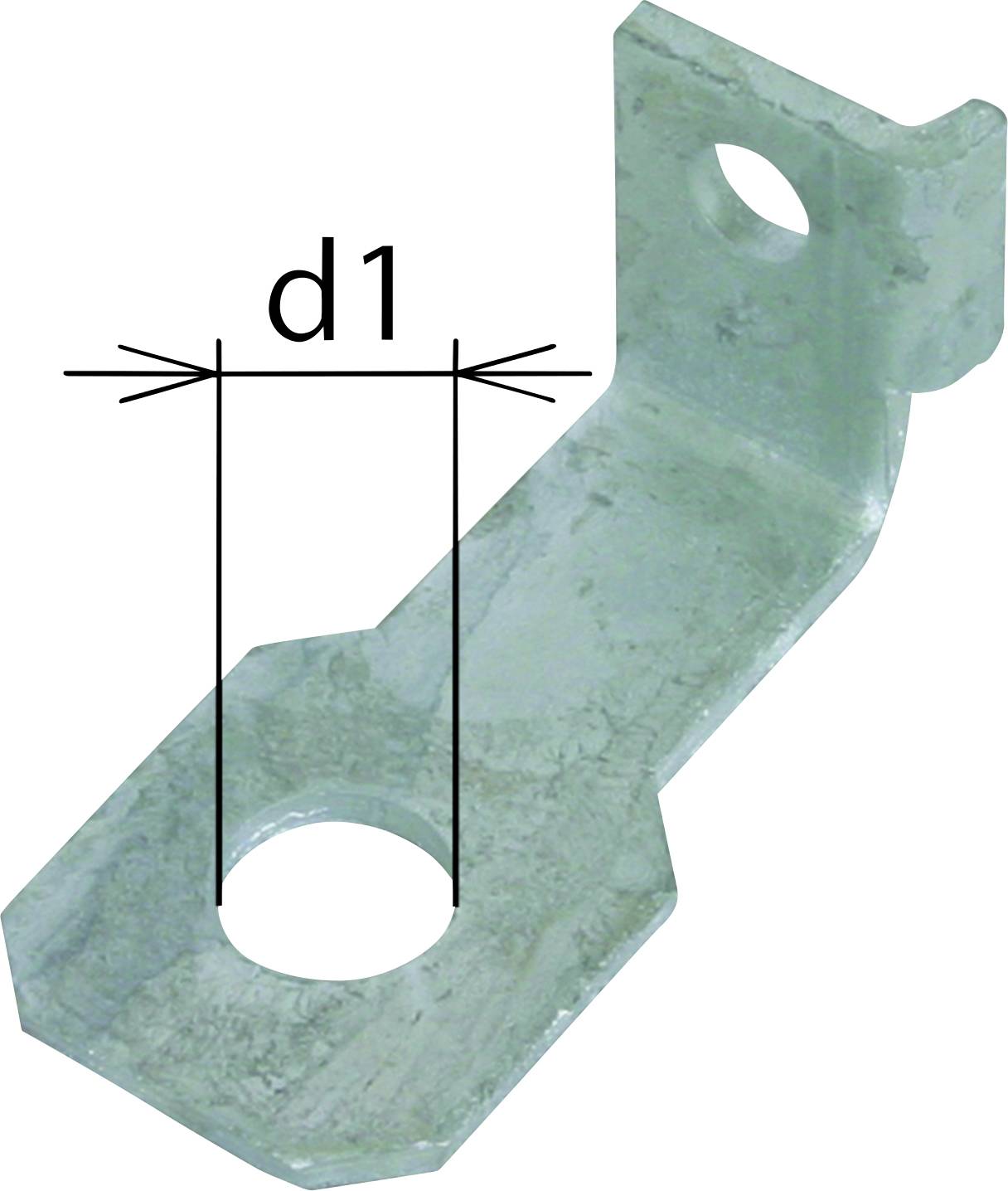 Metalen haak met een centrale boring en een rechtopstaande tak, ernaast de aanduiding 'd1' die de diameter van de boring aangeeft.