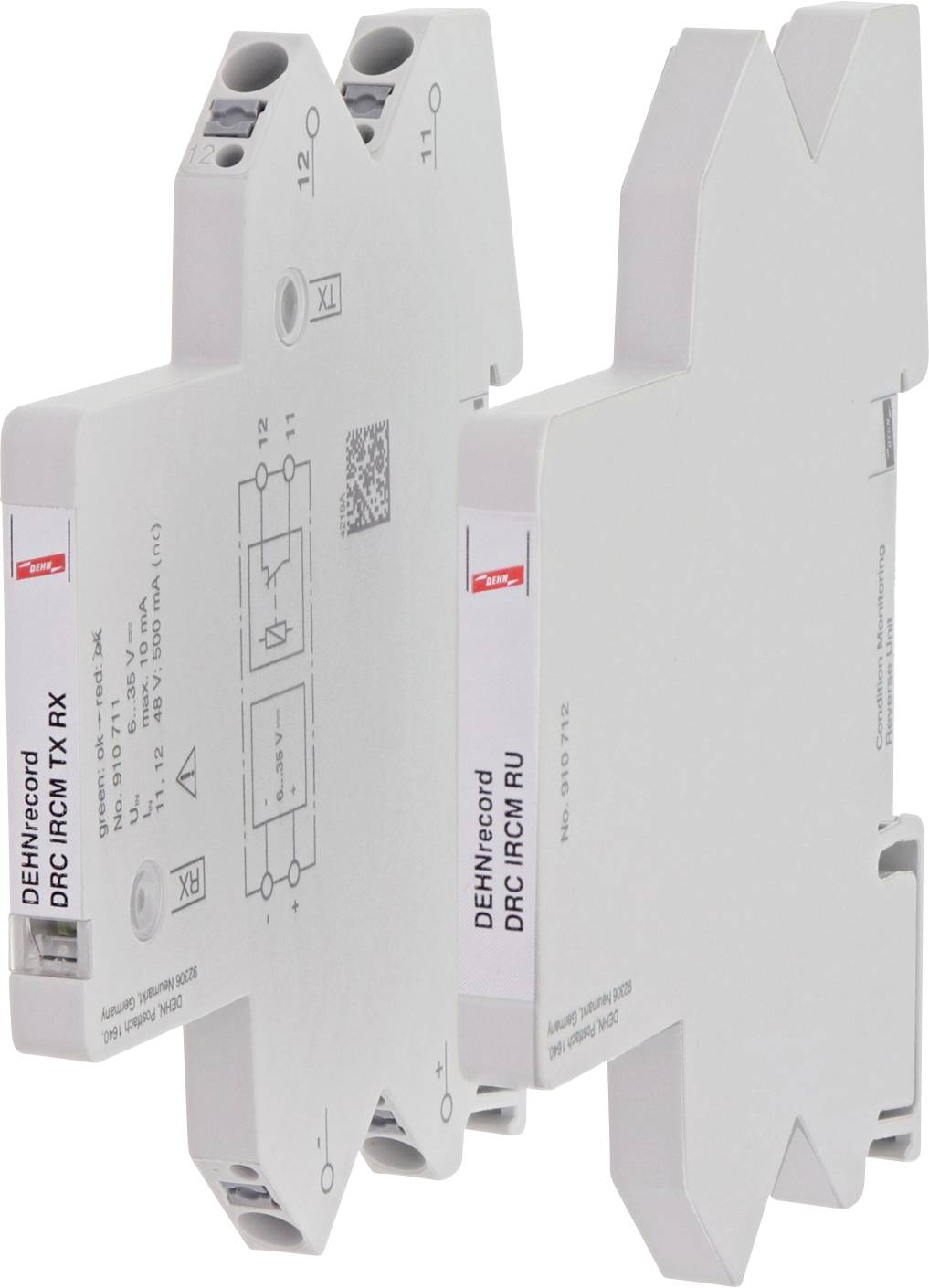 Twee witte elektronische modules in een slank ontwerp met labels en aansluitingen, gemonteerd in verticale uitlijning.