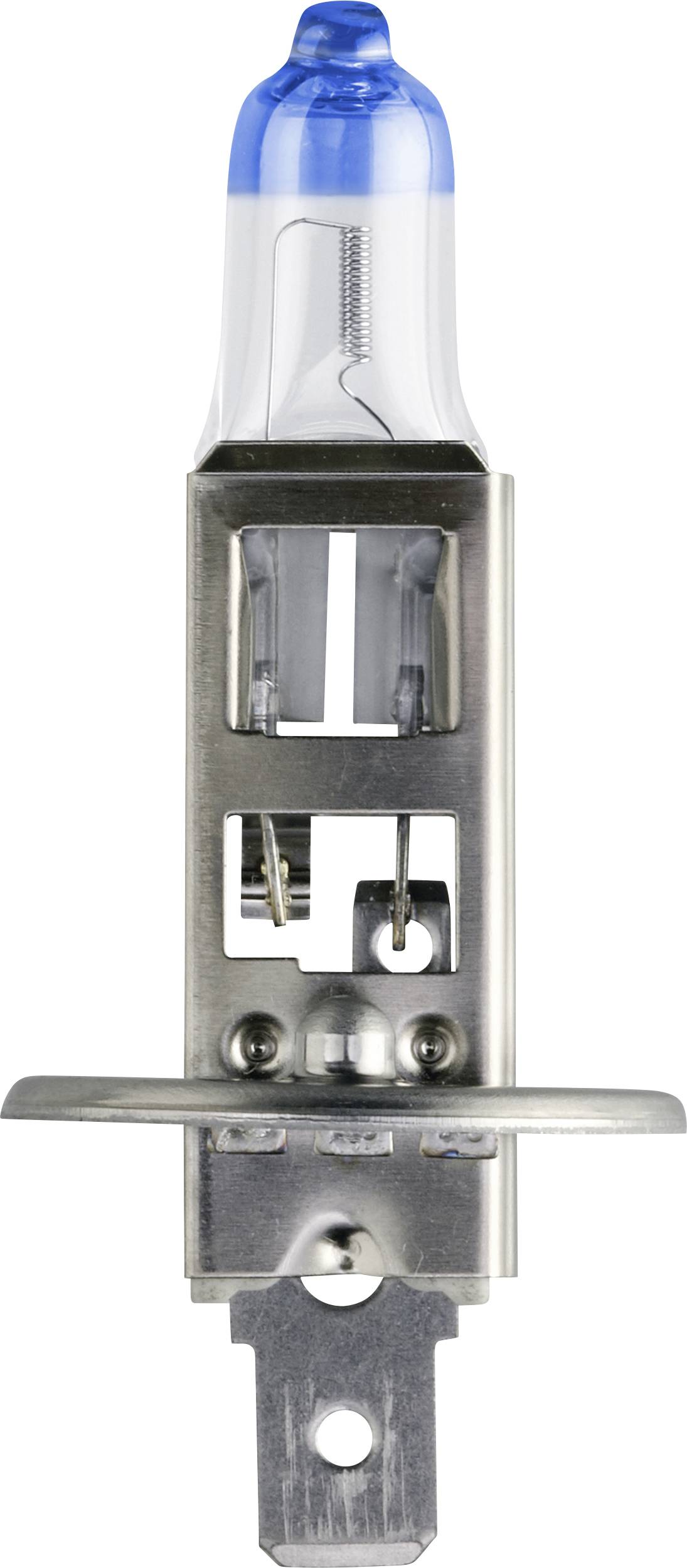 Een enkele halogeenlamp met blauwe top en metalen voet, geschikt voor gebruik in voertuigen.