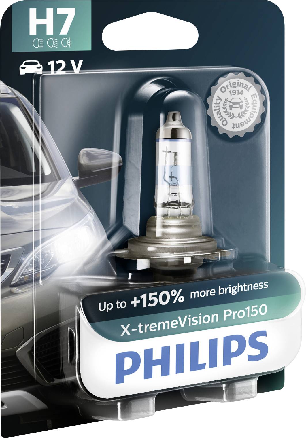 'Philips H7 X-tremeVision Pro150 Autolamp, 12V, tot wel 150% meer helderheid. Verpakking toont een lamp en een auto.'