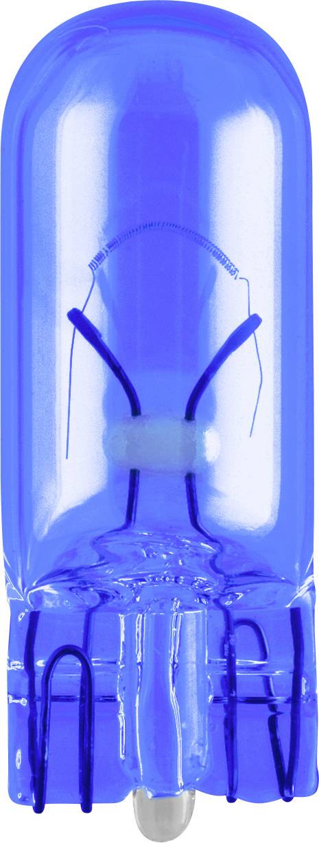 Blauwe glazen lamp met metalen contacten en zichtbare gloeidraad, geïsoleerd op witte achtergrond.