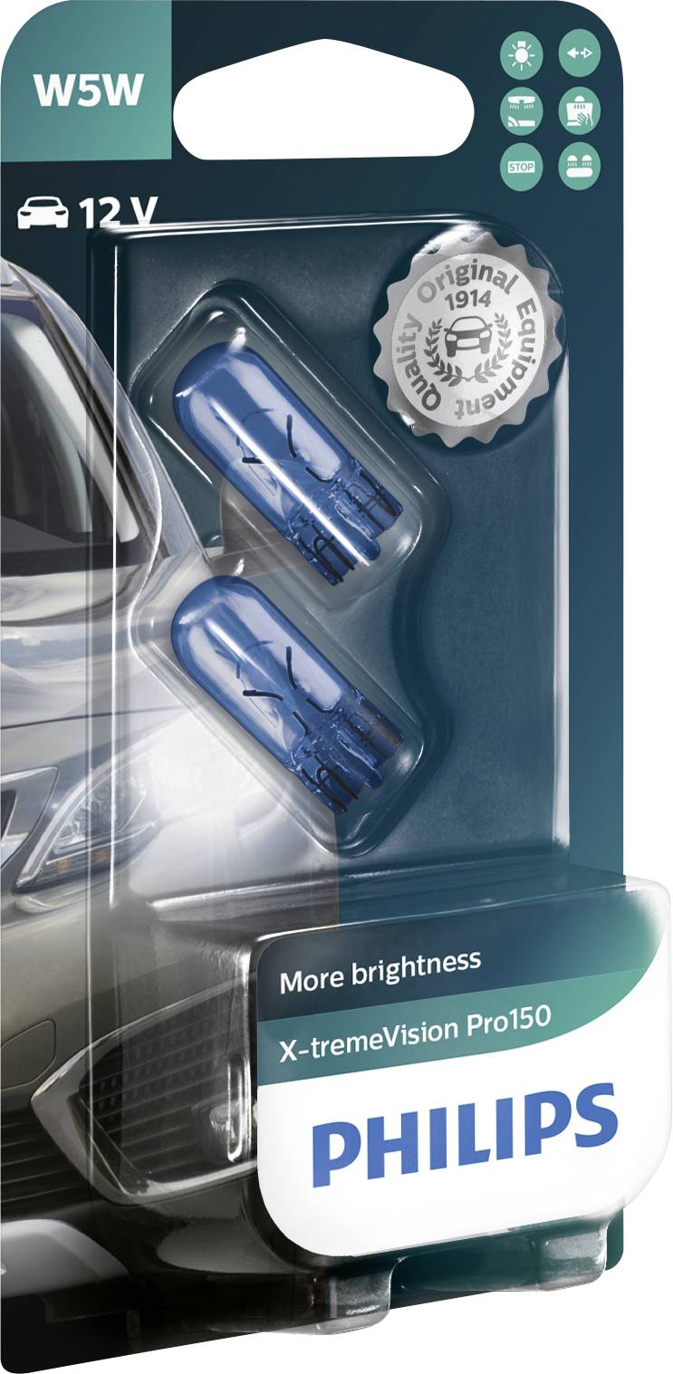 Twee Philips X-tremeVision Pro150 W5W autolampjes in verpakking; beloven meer helderheid, 12V, originele kwaliteit, geschikt voor auto's.