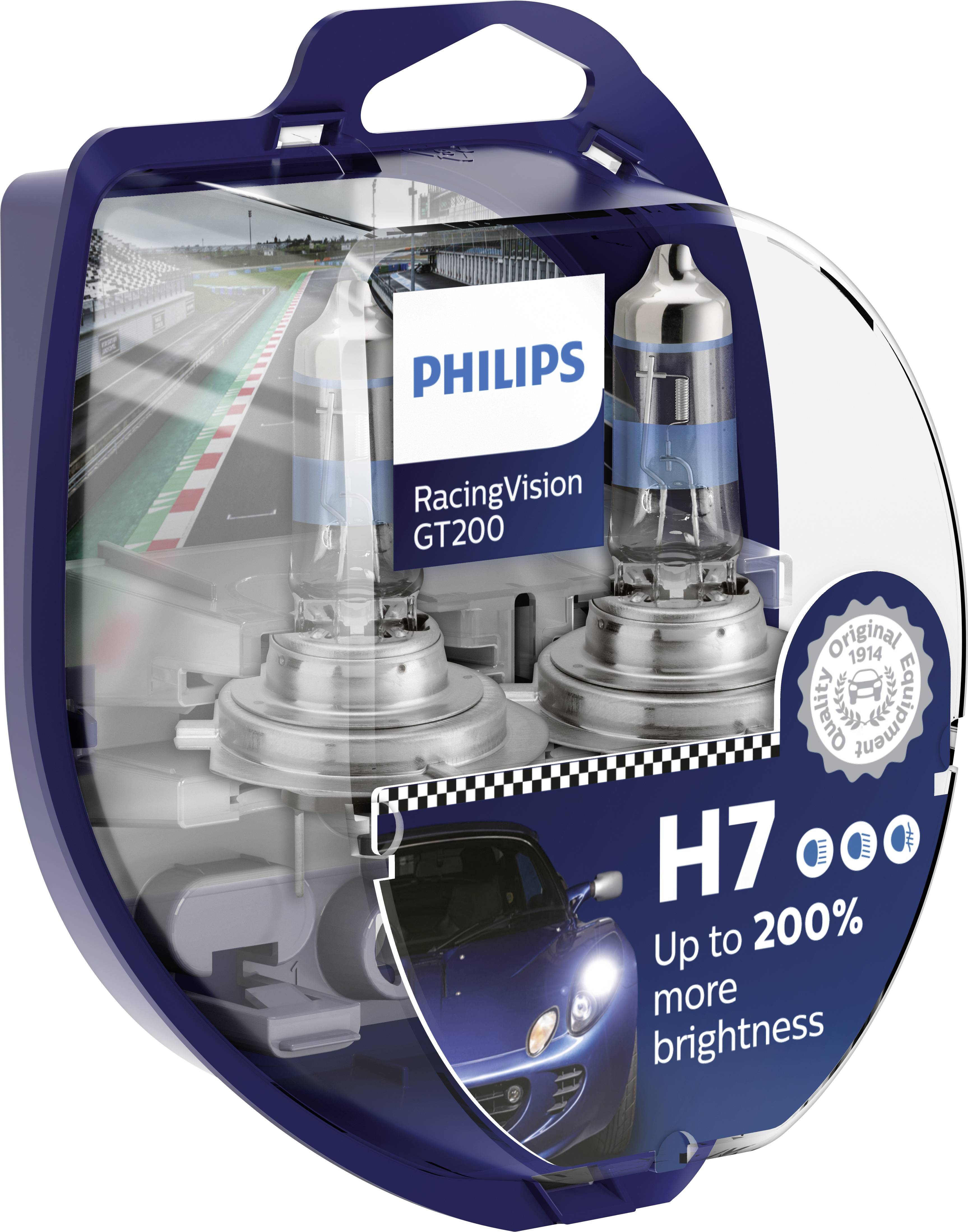 Verpakking van twee Philips RacingVision GT200 H7 lampen, gepromoot met 'tot wel 200% meer helderheid', met een racecircuit op de achtergrond.