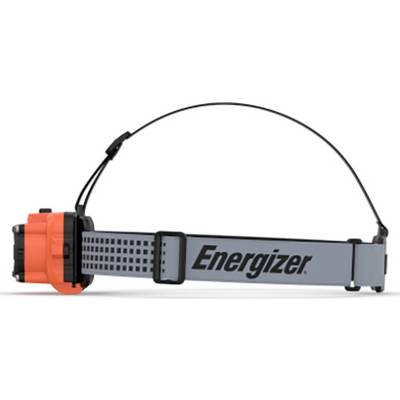 Hoofdlamp met grijze hoofdband met 'Energizer' erop, en een oranje lichtbehuizing, gezien vanuit de zijkant.